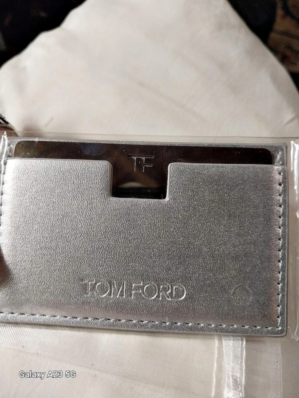 Tom Ford Beauty Metallic Silver Leather Card Holder With Engraved Mirror NWT
